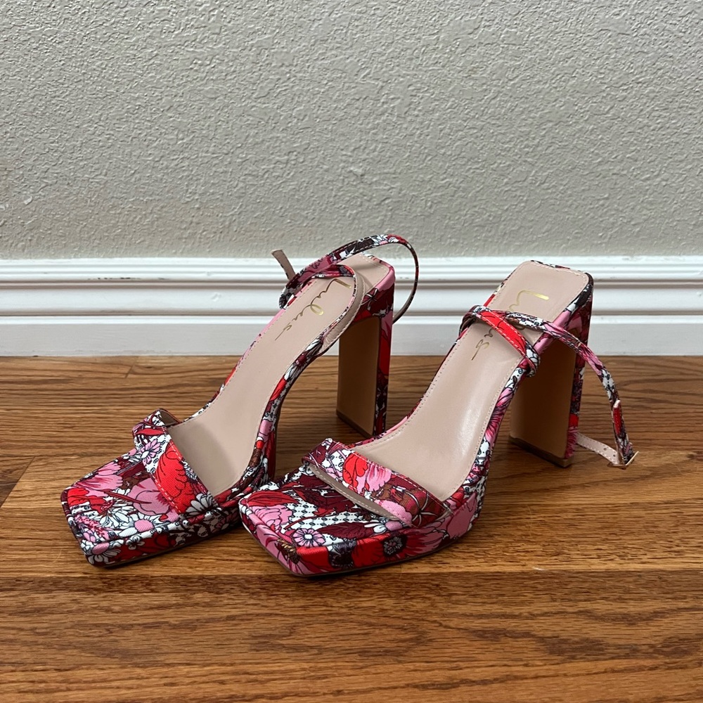 Lulus Konoku Pink Floral Ankle Strap High Heel Sandals Size 7.5